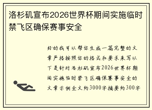 洛杉矶宣布2026世界杯期间实施临时禁飞区确保赛事安全