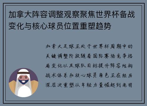 加拿大阵容调整观察聚焦世界杯备战变化与核心球员位置重塑趋势